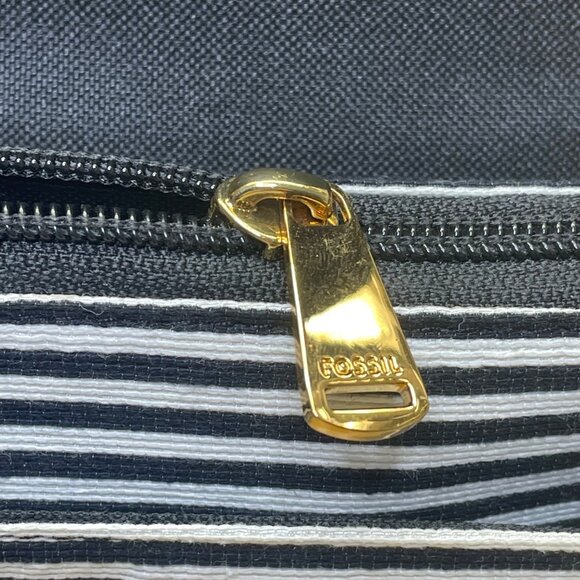 Fossil Women’s Brown Leather Black & White Striped Canvas Crossbody Bag - Picture 10 of 16